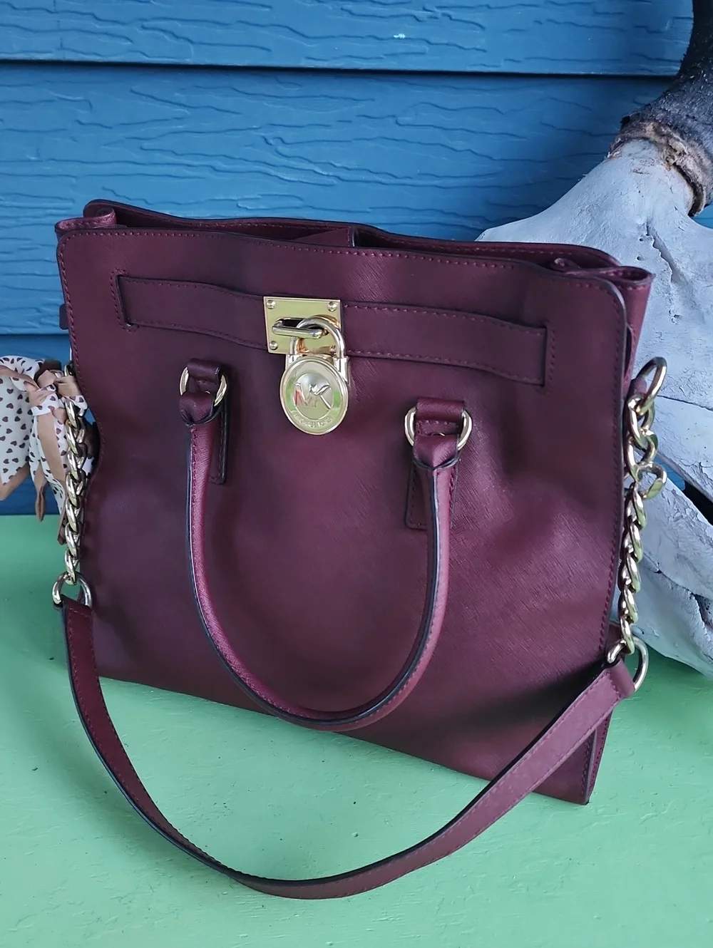 Michael Kors Hamilton Large Saffiano Leather Tote Bag Merlot Burgundy Gold